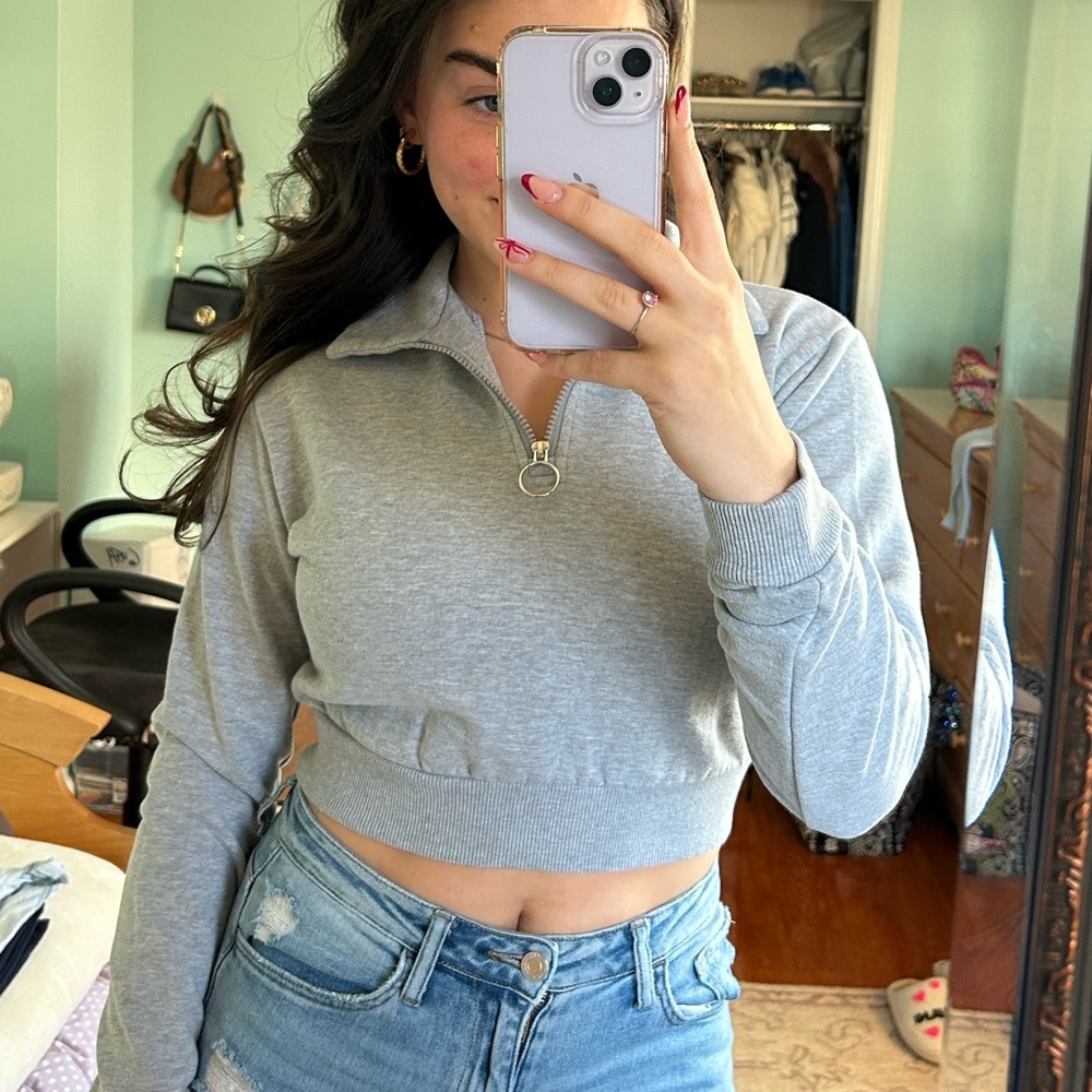 graffiti boutique grey quarter zip cropped sweater